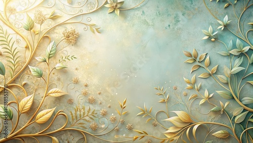 Elegant Gold and Green Floral Design with Ornate Vines and Soft Background