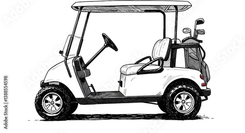 Illustration of golf cart on white with golf clubs in bag