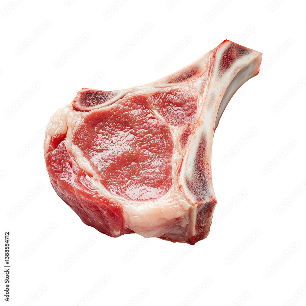 A raw pork chop with a bone, ready for cooking or grilling.