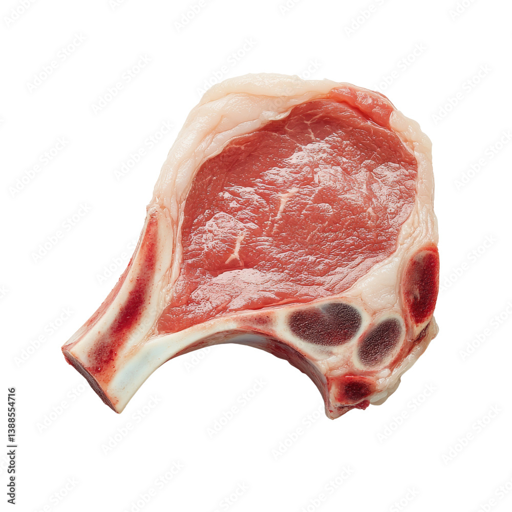 A raw pork chop showcasing marbled meat and bone structure, ready for cooking.