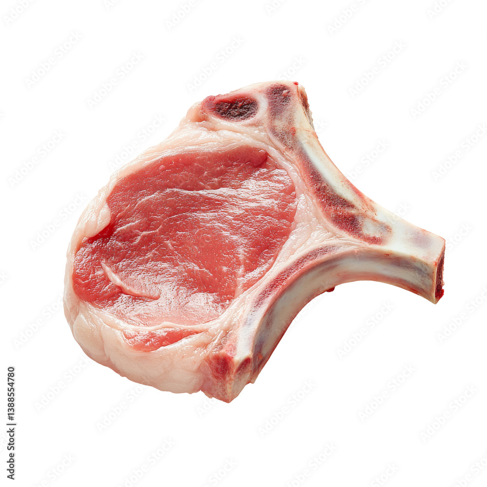 A raw pork chop showcasing its marbled texture and bone structure.