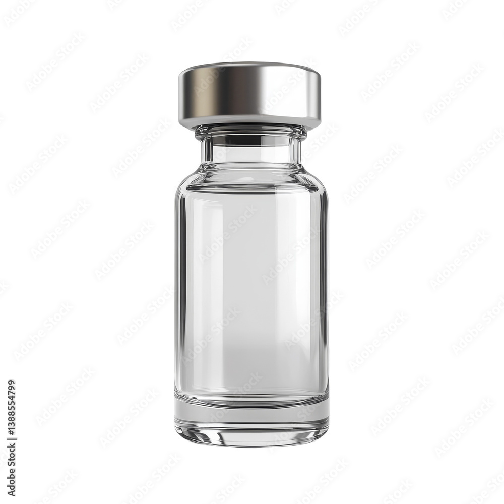 A clear glass vial with a metal cap, commonly used for storing liquids or medications.