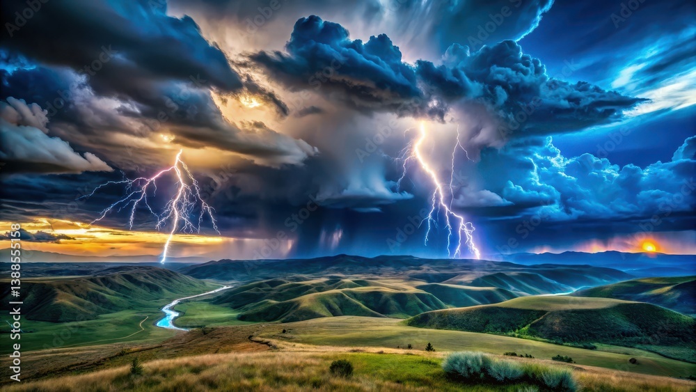 Obraz premium Dramatic Sunset Storm Over Rolling Hills and Valley with Multiple Lightning Strikes