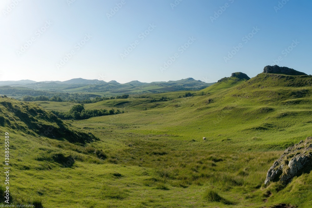 Rolling green hills and expansive valley under a clear blue sky Rolling green hills and expansive valley under a clear blue sky