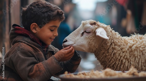 Boy Feeding Sheep Tenderly Outdoors Showing Kindness and Animal Care