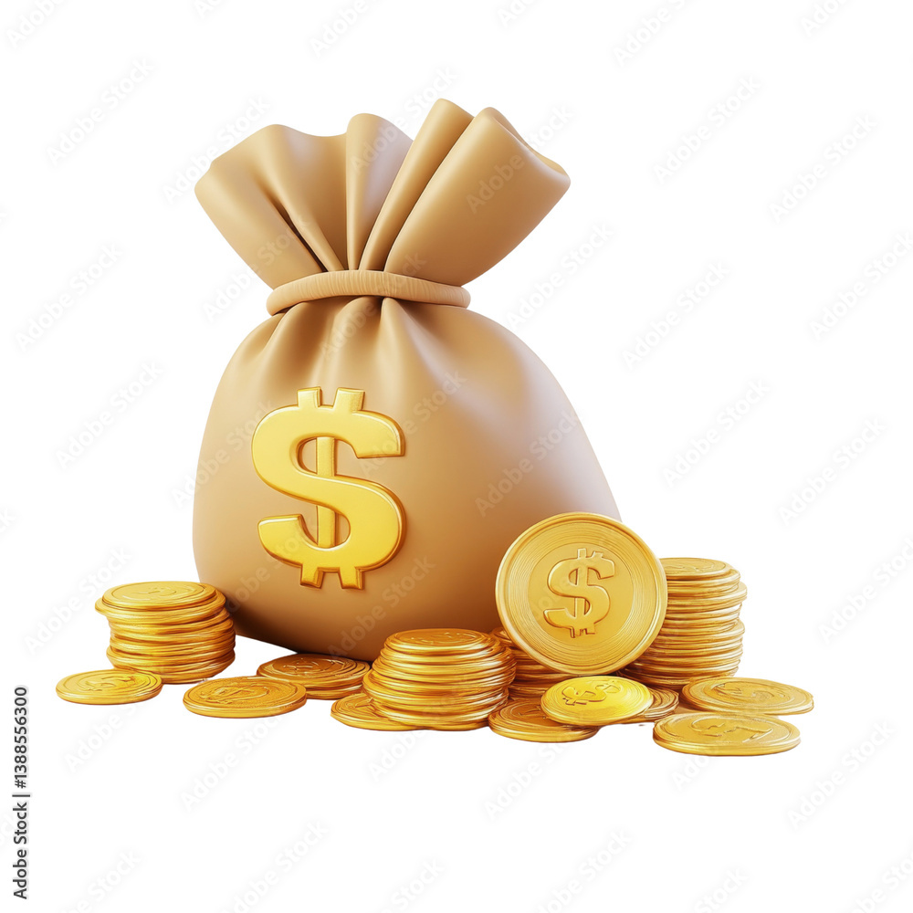 A money bag overflowing with coins, symbolizing wealth and finance.