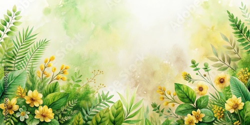 A vibrant watercolor illustration featuring a lush arrangement of yellow flowers and verdant foliage, set against a soft, textured background, ideal for invitations or decorative purposes.