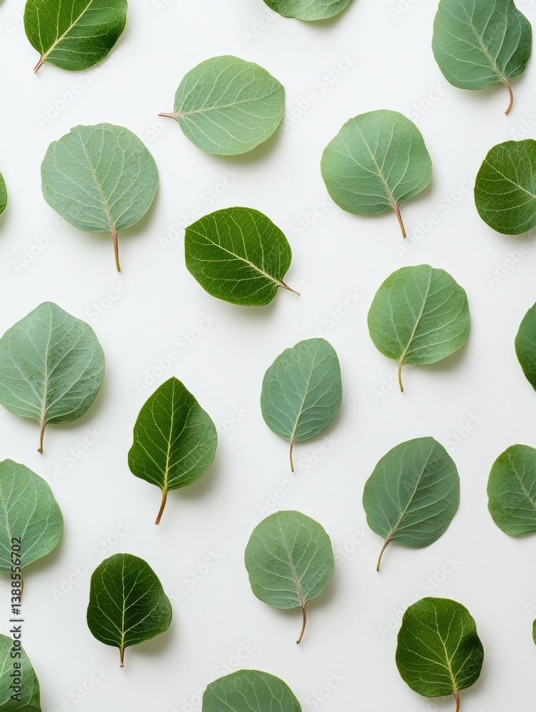 Obraz premium Structured flat-lay of eucalyptus leaves on a soft white surface showcasing fresh botanical minimalism