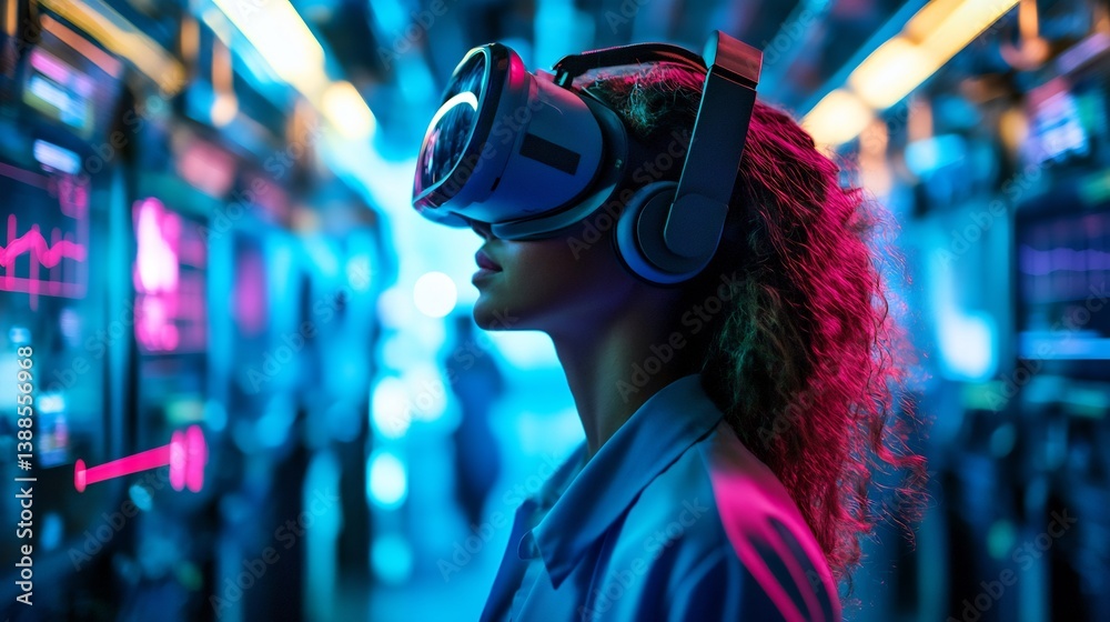 Obraz premium Woman Immersed in Virtual Reality: Neon Cyberpunk Aesthetic