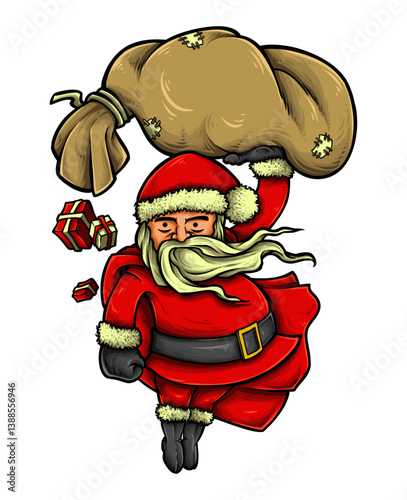 Jolly Santa's Festive Delivery: A jovial santa claus, animatedly lifts a hefty sack filled with gifts, with some of the presents floating playfully. Captured a spirit of holiday anticipation.