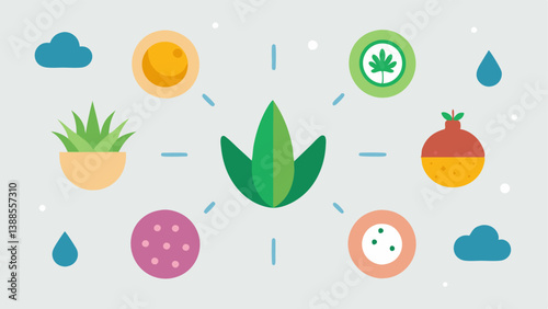 Natural Ingredients Exosomes surrounded by icons of natural elements like aloe cucumber etc. emphasizing their natural source and benefits for the skin.