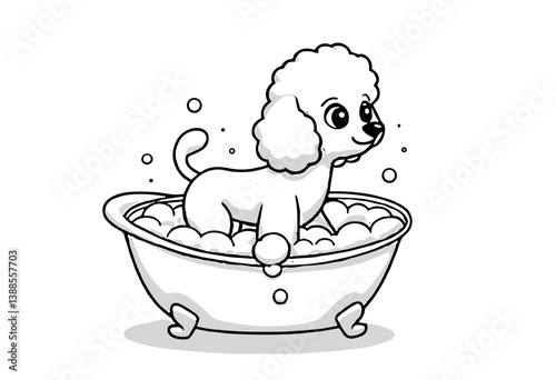 Cute poodle enjoying a bath with bubbles in a tub  