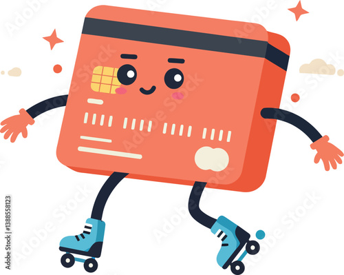 A cheerful credit card character on roller skates in a playful, flat design vector illustration
