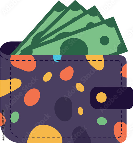 Colorful wallet with cash in a flat design style showcasing fun patterns vector art