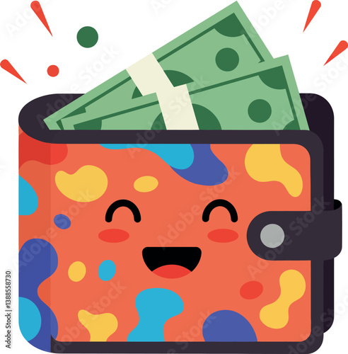 Happy wallet overflowing with cash in a colorful, playful design style vector illustration