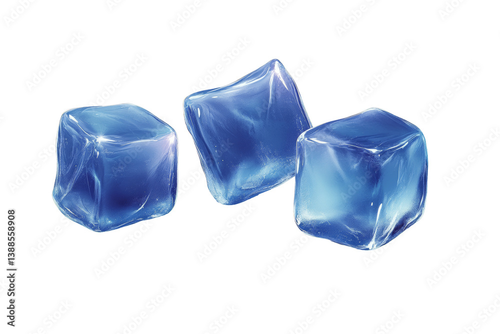 Three blue ice cubes, glistening and transparent, ideal for cooling drinks.