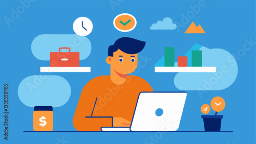 Crisis Budgeting A concerned individual sitting at a table with a laptop creating a drastic budget plan with basic categories for essentials during a financial crisis symbolizing