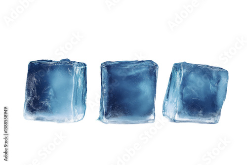 Three ice cubes arranged in a row, showcasing their translucent and frosty appearance.