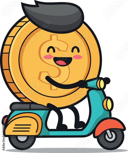 Happy cartoon coin character riding a colorful scooter in a playful and minimal vector illustration