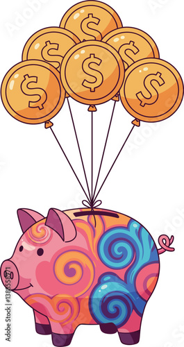 Colorful piggy bank with swirling patterns and golden balloons lifting it, flat vector art