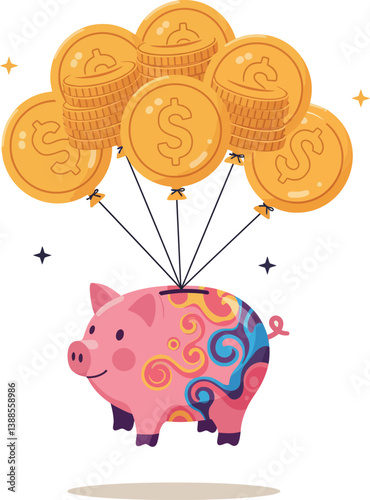 Colorful piggy bank floating with golden coins balloons in a cheerful flat vector illustration