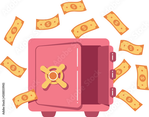 A pink safe overflowing with cash in a flat vector illustration style showcasing wealth and abundance