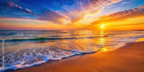 Serene Coastal Sunset Golden Sands Meet Azure Waves Under a Vibrant Sky