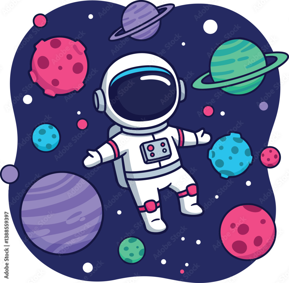 Naklejka premium Astronaut floating in space surrounded by colorful planets and celestial bodies in playful flat vector art