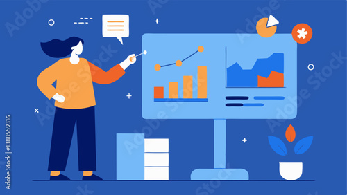 Data Analysis A writer analyzing data trends on a large screen with graphs and charts while an AI assistant points out key insights for content planning.