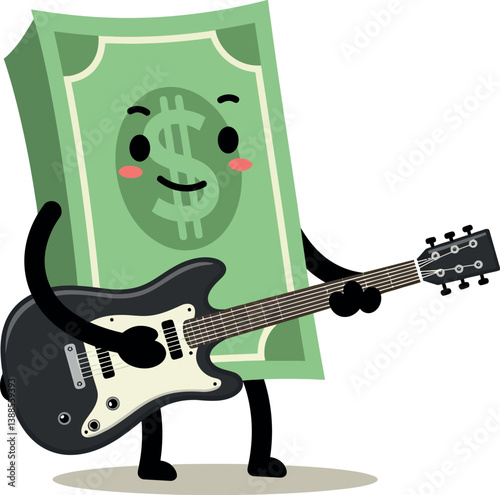 Cartoonish money character joyfully playing a black electric guitar in a flat vector illustration