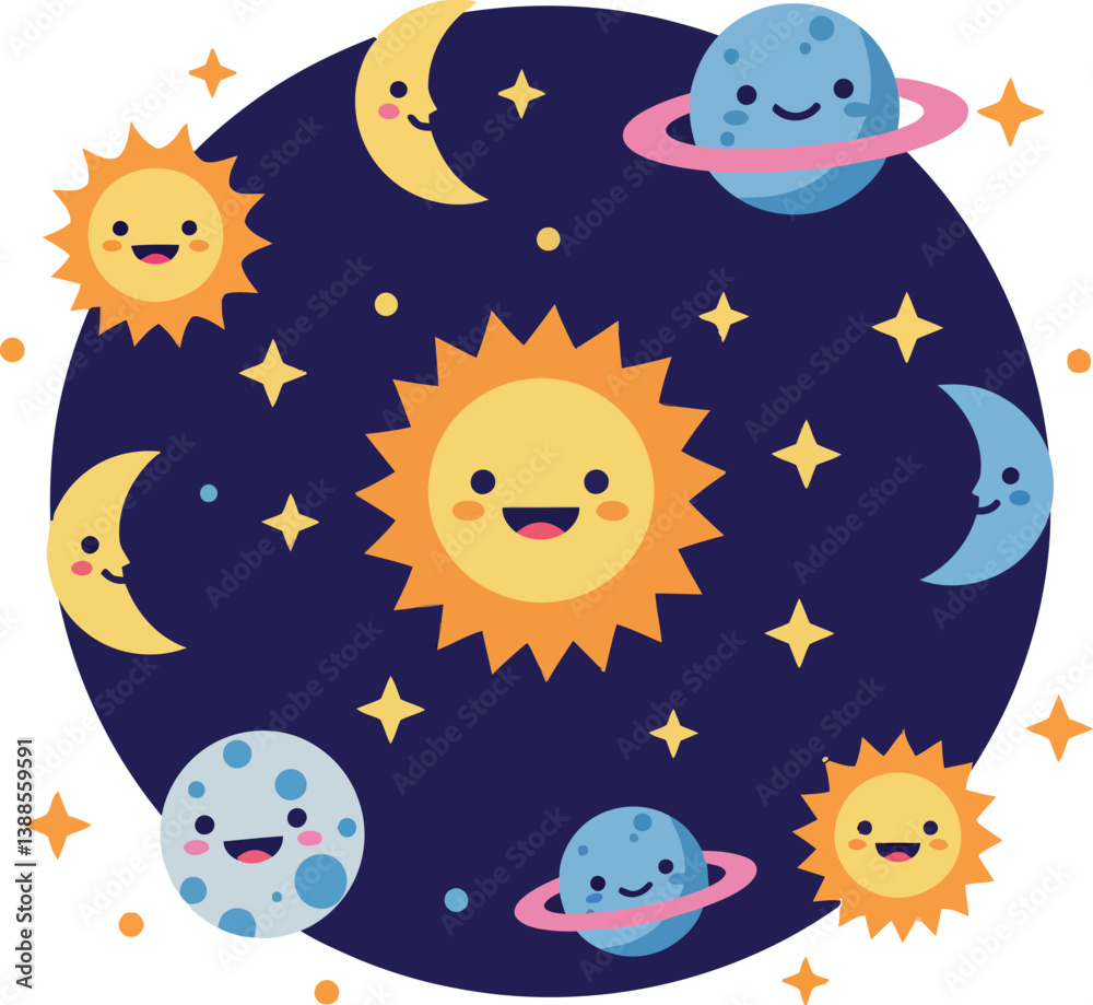 Cheerful sun and planets in a colorful night sky, minimal vector illustration Cheerful sun and planets in a colorful night sky, minimal vector illustration