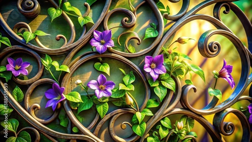 Ornate Metalwork Adorned with Vibrant Purple Flowers and Lush Green Foliage in a Sunlit Garden Setting