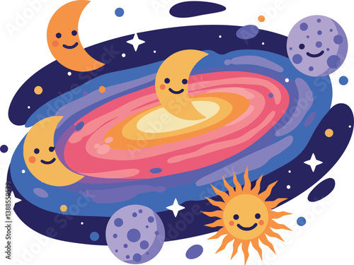 Colorful smiling planets and celestial bodies in a whimsical flat vector art scene