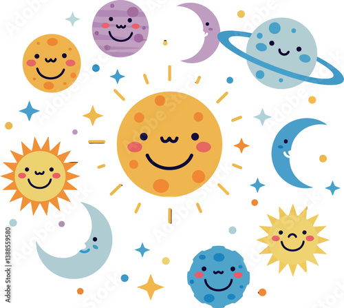 Cheerful celestial bodies including sun, moon, and planets in a playful flat vector art