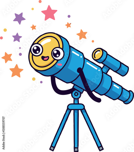 Happy cartoon telescope with smiling face and colorful stars in a flat vector illustration