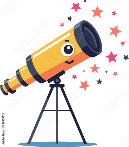 A cheerful telescope with a smiling face surrounded by colorful stars in a minimal vector illustration