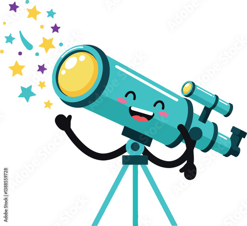 Cartoon telescope character with a cheerful expression creating colorful stars in a flat vector illustration