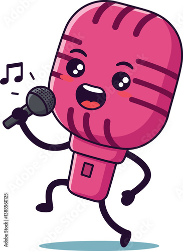 Cheerful cartoon microphone character singing with joy in a playful flat vector illustration