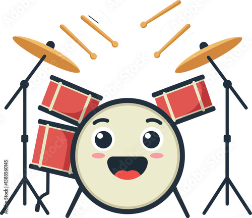 Happy cartoon drum set with expressive face and animated sticks in minimal vector illustration