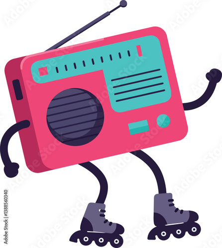 Retro radio character with roller skates in a playful flat vector illustration