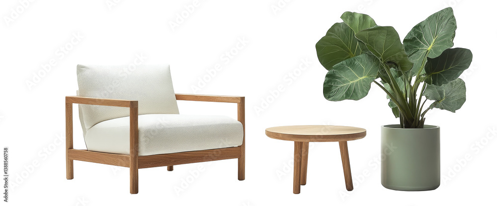 A modern chair and table set accompanied by a decorative plant.