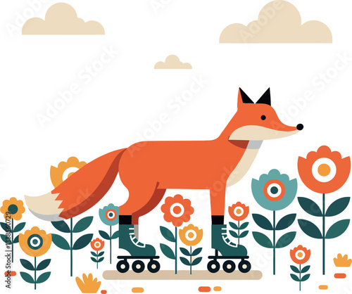 A fox rollerblading through colorful flowers in a playful flat vector illustration