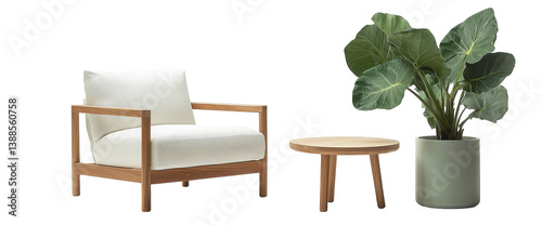 Obraz na płótnie A modern chair and table set accompanied by a decorative plant. w salonie