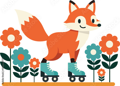 A cheerful fox roller skating among colorful flowers in a flat vector illustration