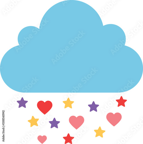 Blue cloud raining colorful hearts and stars in a flat vector illustration
