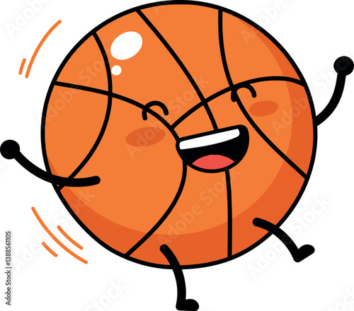 Happy cartoon basketball character bouncing joyfully in a playful and colorful flat vector illustration