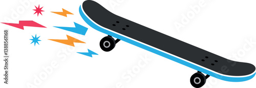 Skateboard in dynamic motion with colorful speed lines in flat vector art