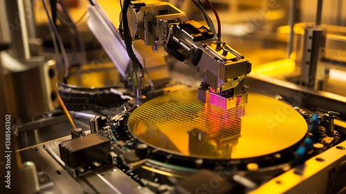 A mechanical arm in an advanced chip manufacturing plant, surrounded by silicon wafers, photolithography machines