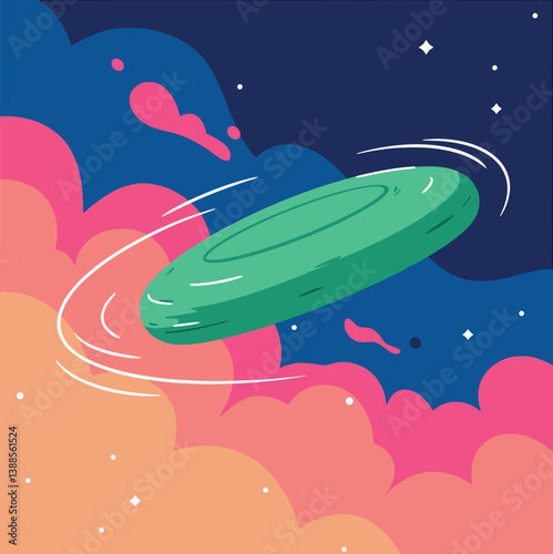 A green flying disc spinning through vibrant clouds in a flat vector illustration