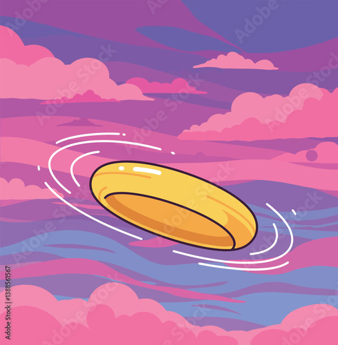 A flying golden frisbee spinning through a colorful sunset sky in flat vector art